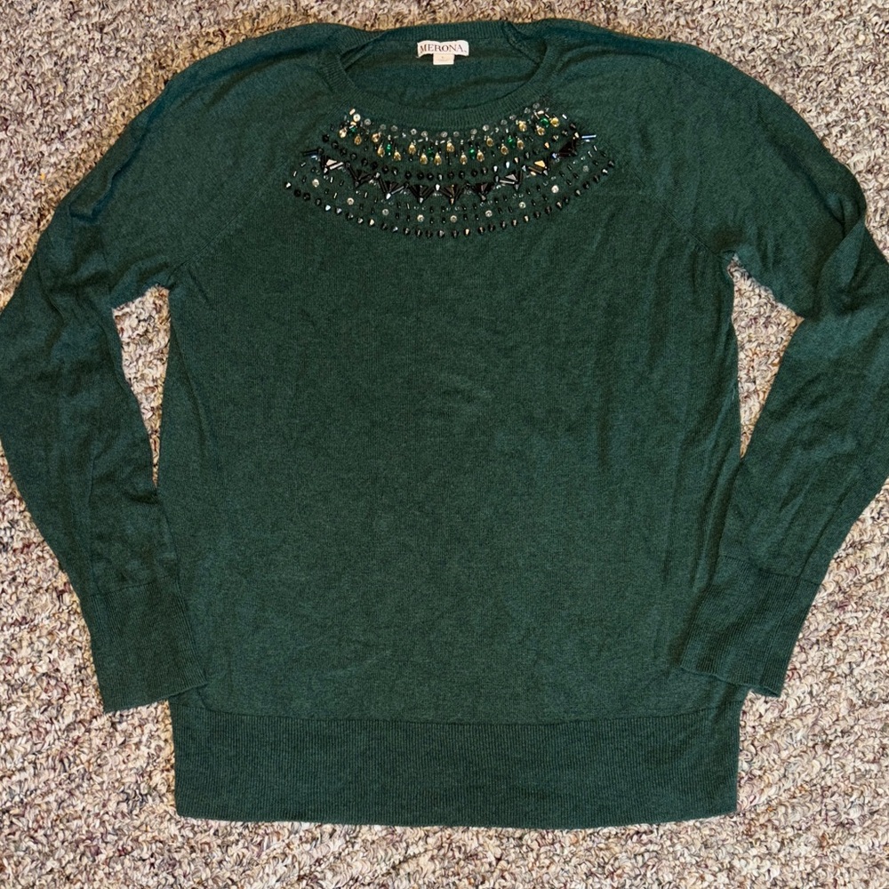 Forest Green embellished light weight sweater Holidays Fall Winter Parties